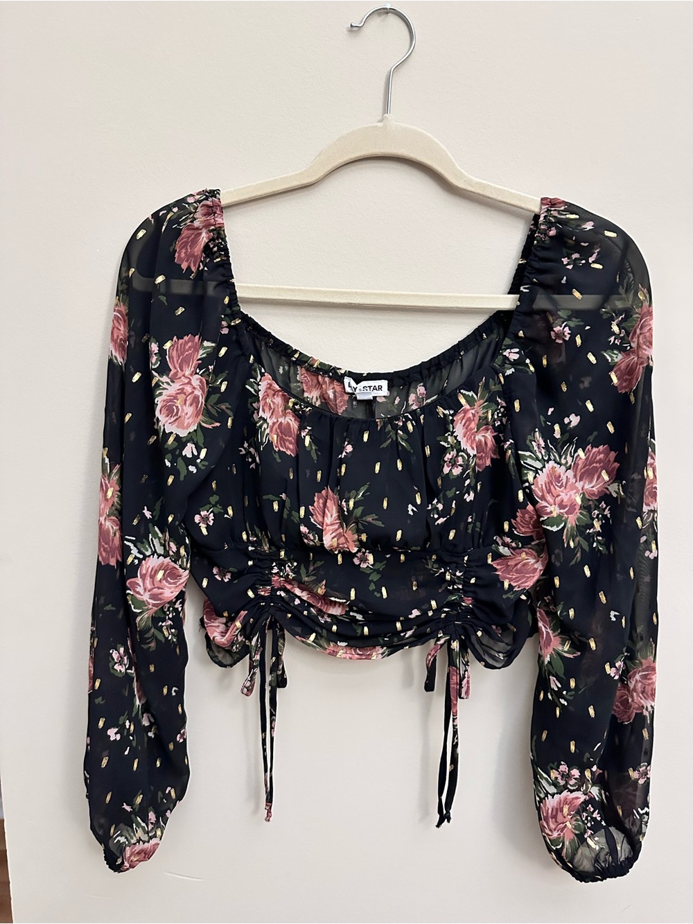 Lily Star Black Crop Top with Pink Rose Print